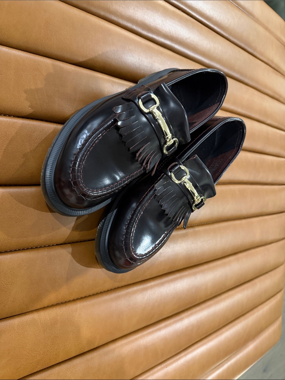 Dr. Martens Mens Kiltie Tassel Loafers in Dark Brown with Gold Bit